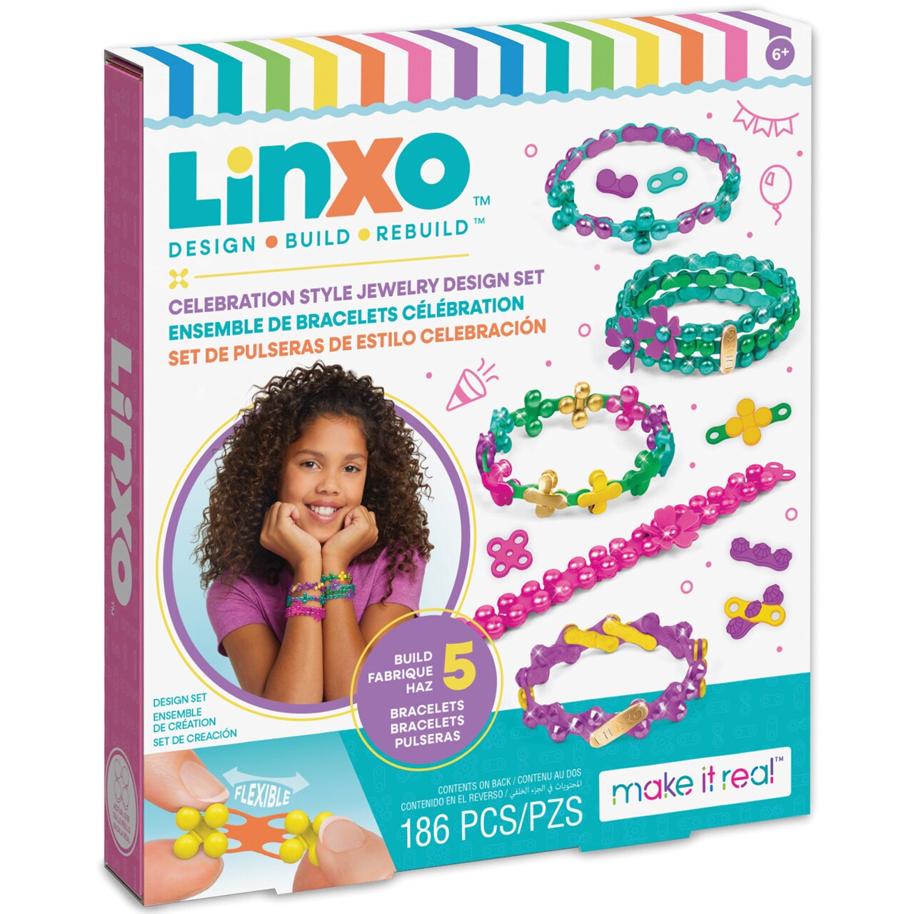 Make It Real: LinXo Celebration Jewelry Design Set - 186pcs, DIY 5 Flexible Bracelets, Design-Build-Rebuild, Craft Activity Kit, Girls & Kids Ages 6+